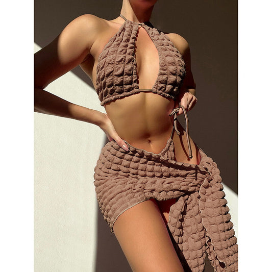 Brown puffy bikini set with wrap