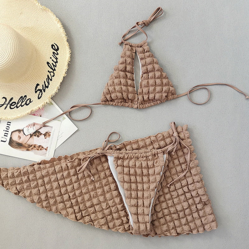 S16 -Brown puffy bikini set with wrap