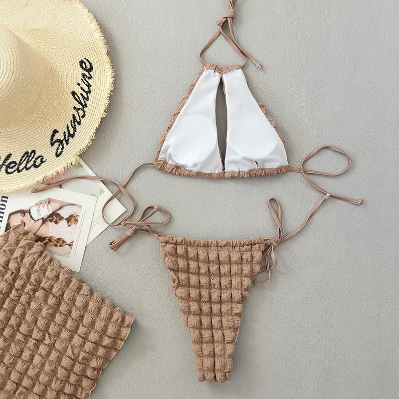 S16 -Brown puffy bikini set with wrap