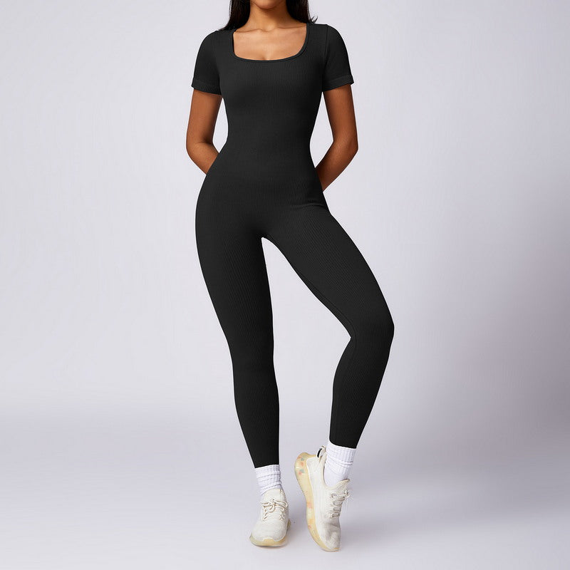 Black short sleeve one piece yoga set