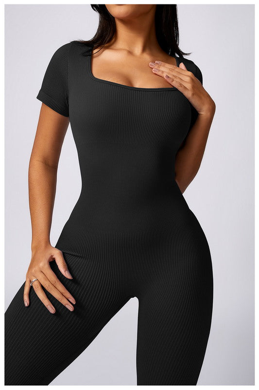 Black short sleeve one piece yoga set