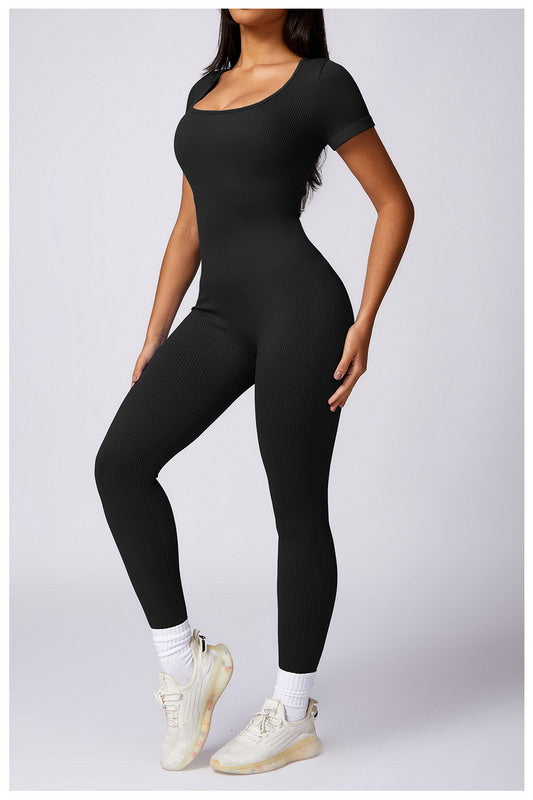 Black short sleeve one piece yoga set