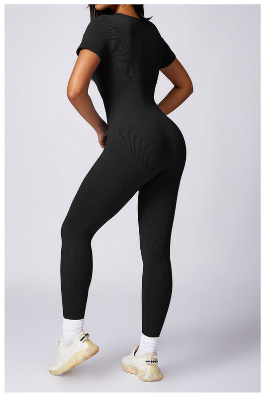 Black short sleeve one piece yoga set